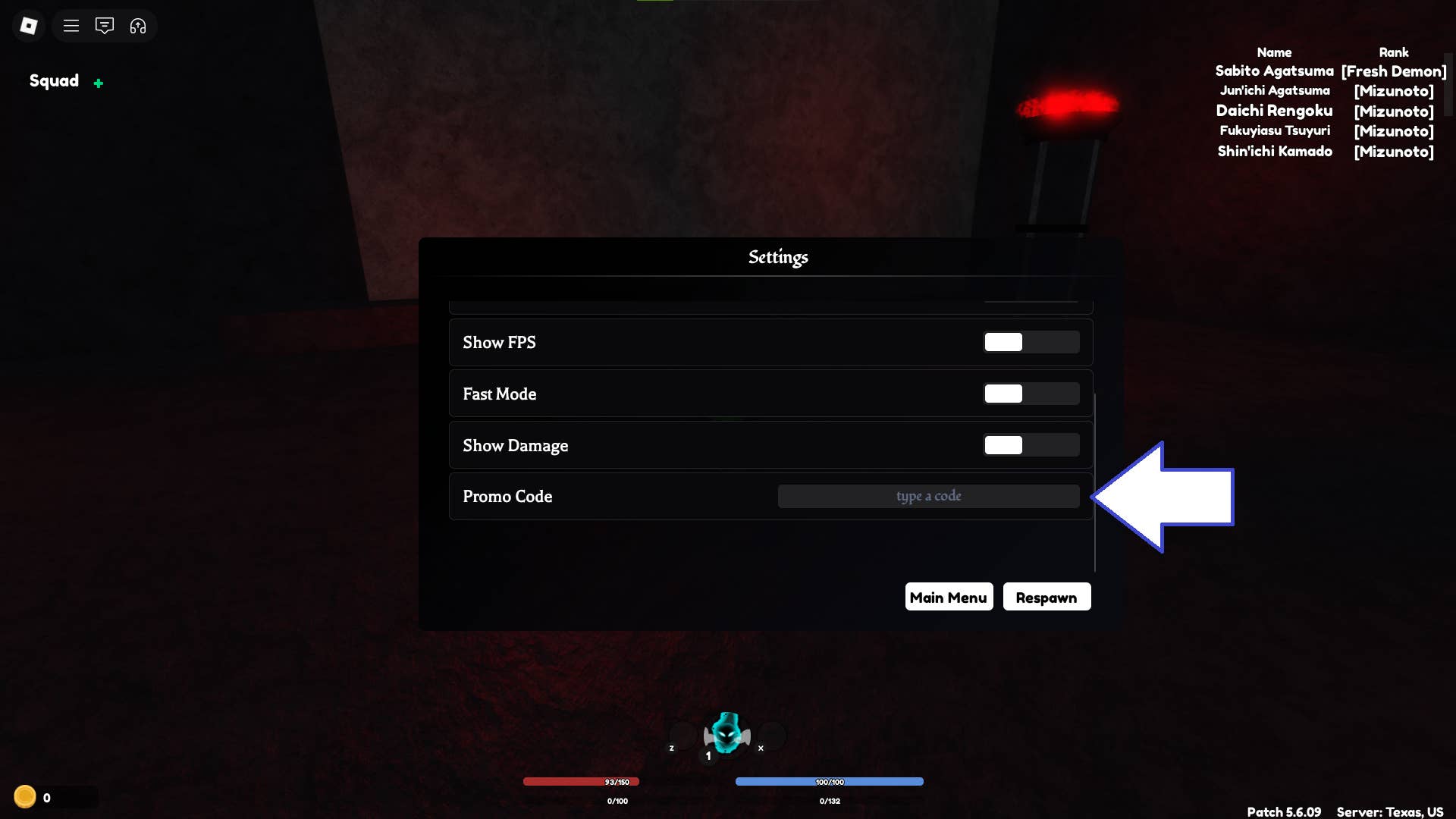 Скриншот Demonfall в Roblox, показывающий поле для ввода кода.