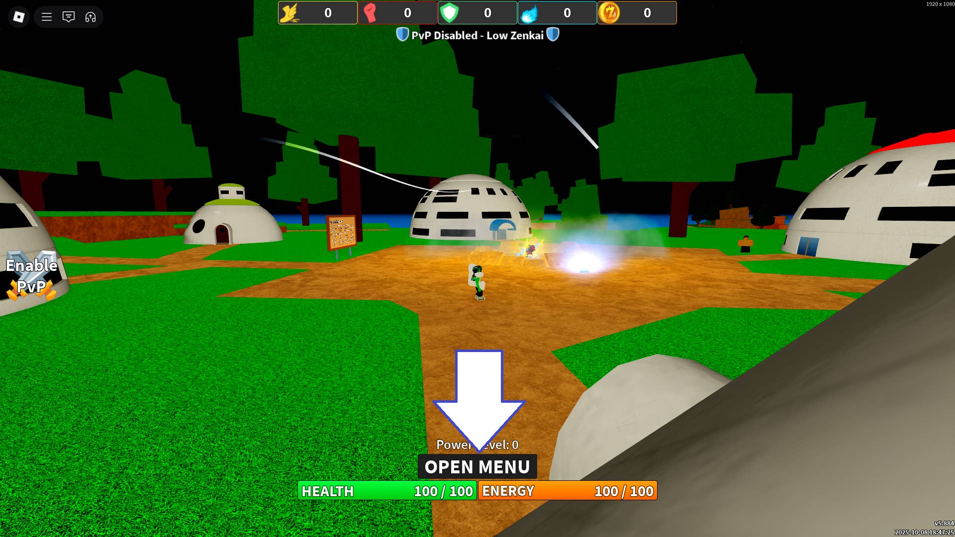 Скриншот Dragon Ball Rage в Roblox, показывающий кнопку меню игры.