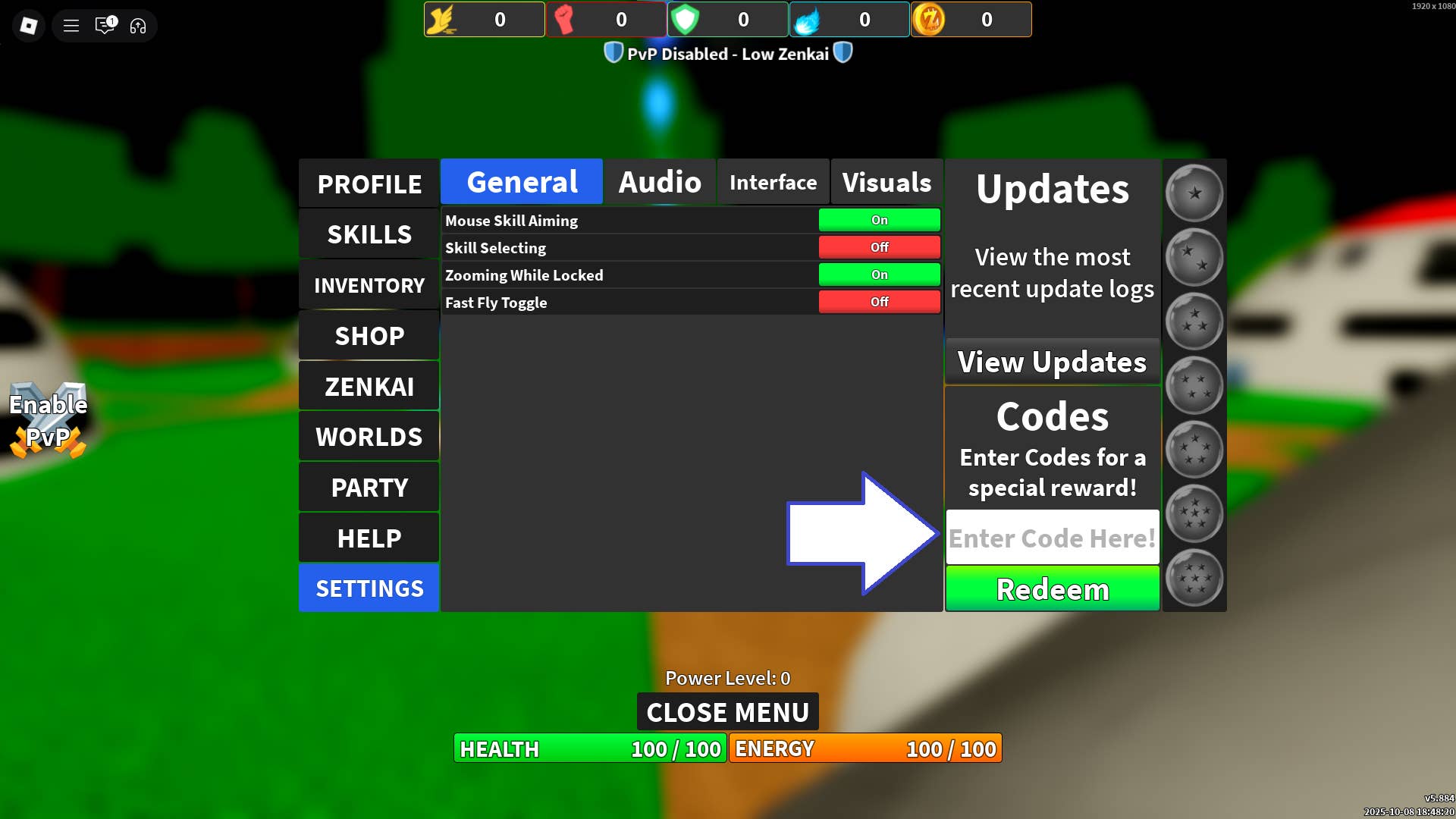 Скриншот Dragon Ball Rage в Roblox, показывающий поле для ввода кодов.