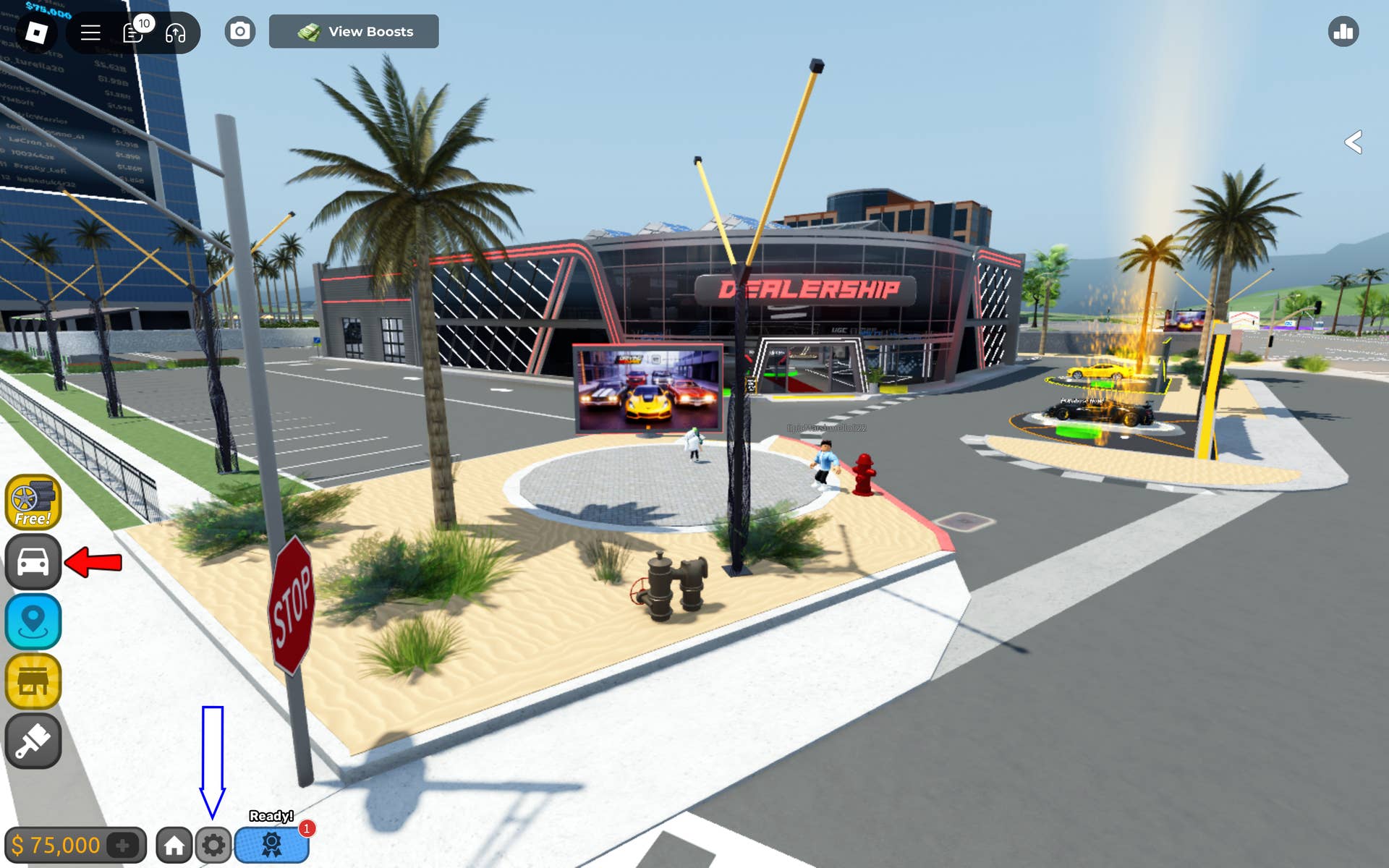 Стрелка, указывающая на кнопку настроек в игре Roblox Driving Empire.