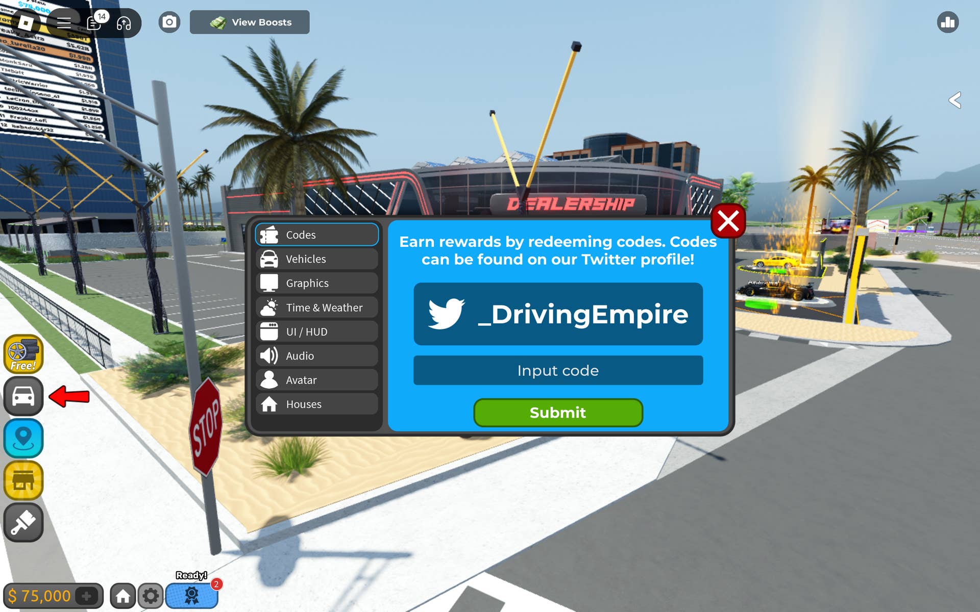 Меню, используемое для активации кодов в игре Roblox Driving Empire.
