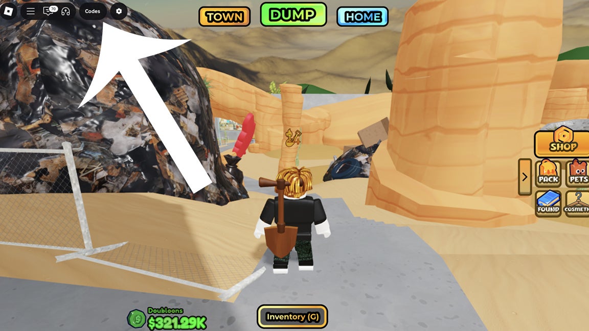 Стрелка, указывающая на кнопку Codes в игре Dump для Roblox.
