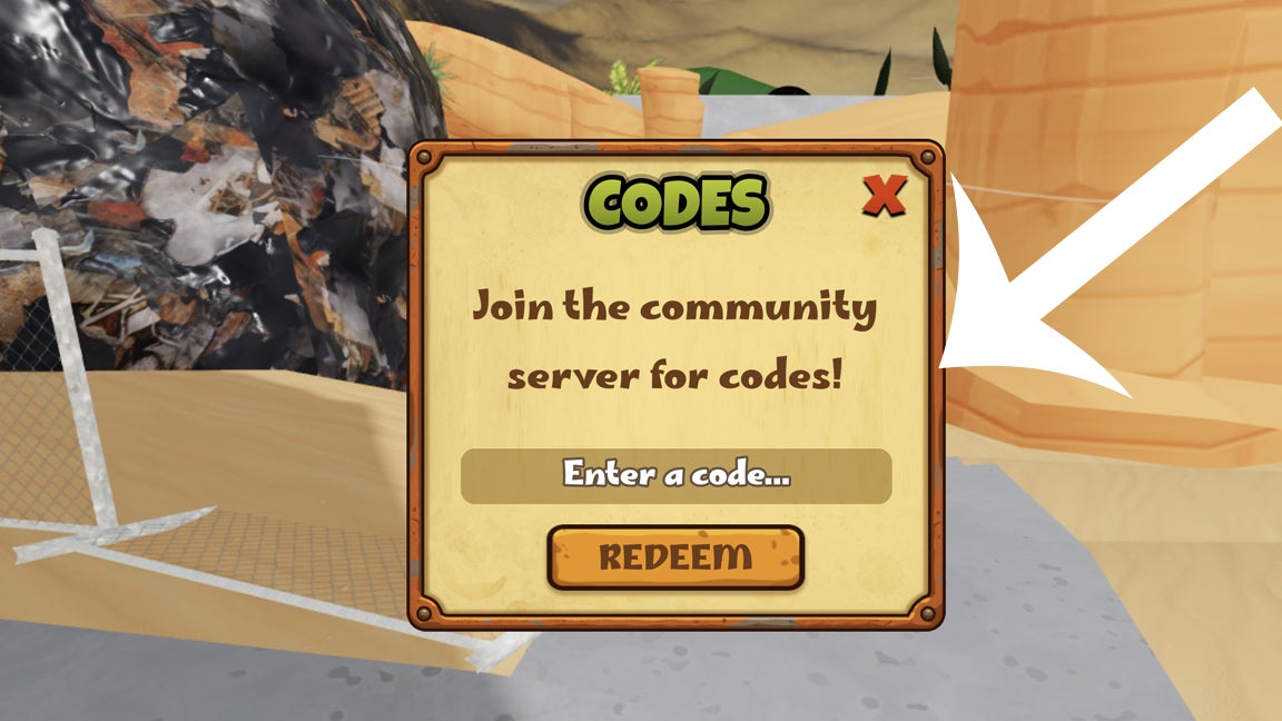 Стрелка, указывающая на меню кодов в игре Dump для Roblox.