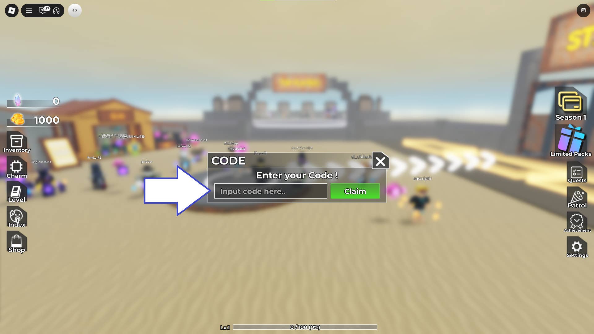 Скриншот Endless Horde в Roblox, показывающий поле для ввода кодов.