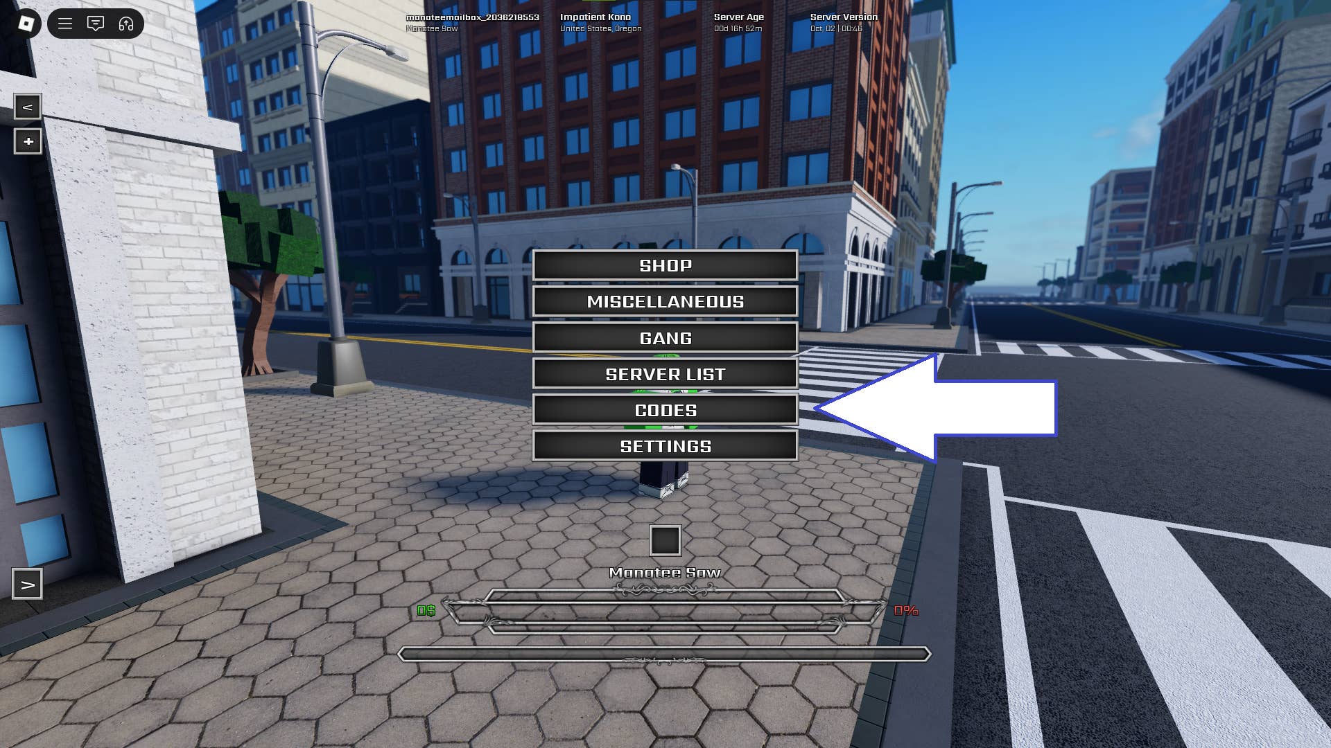 Скриншот Fistborn в Roblox, показывающий кнопку кодов игры.