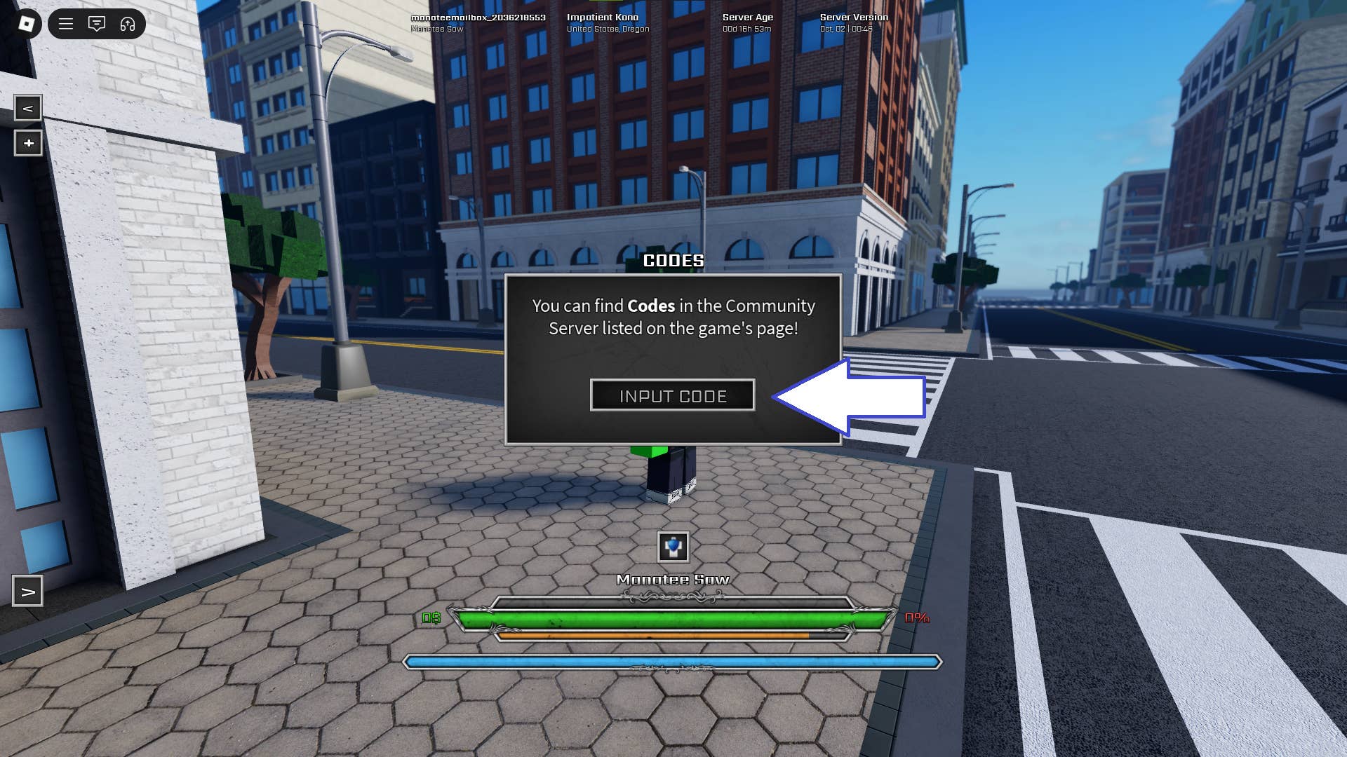 Скриншот Fistborn в Roblox, показывающий поле для ввода кода.