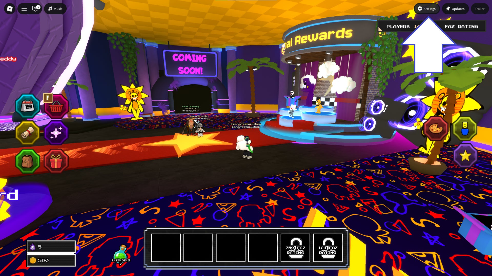 Скриншот Five Nights TD 2 в Roblox, показывающий кнопку настроек игры.