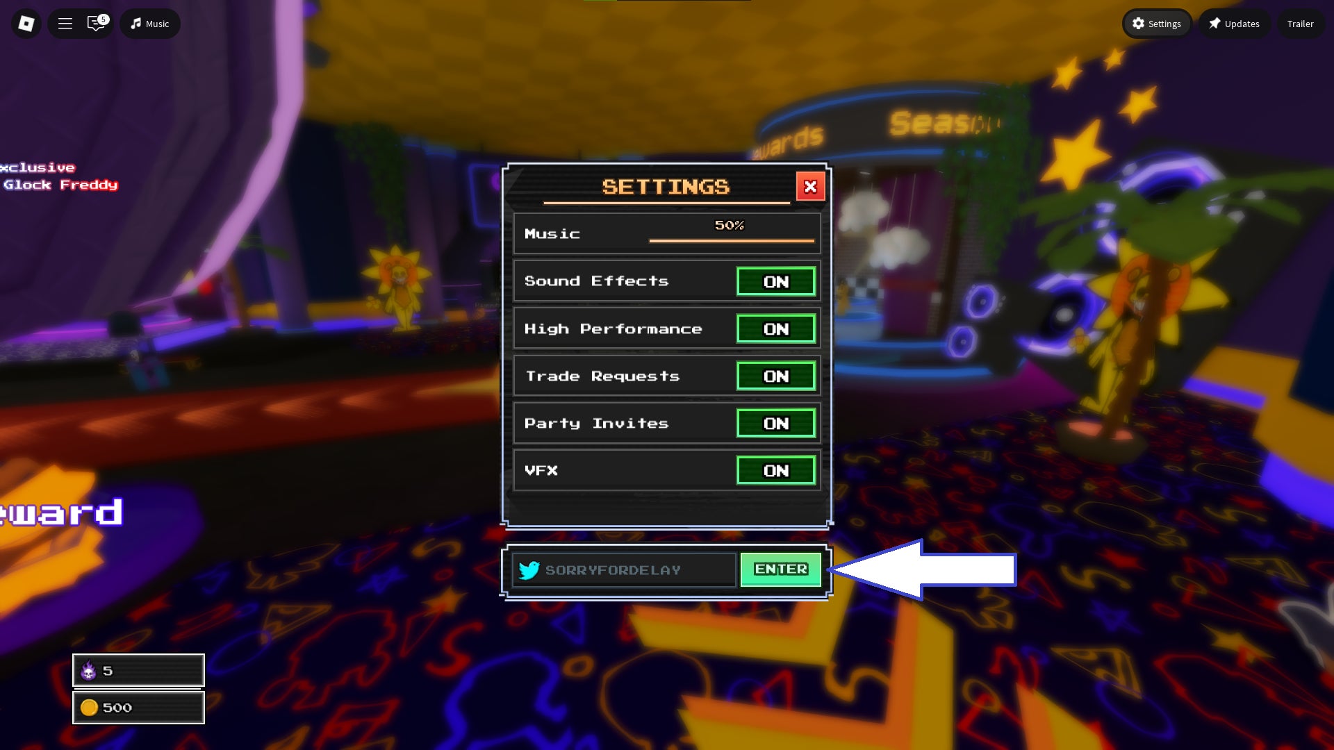 Скриншот Five Nights TD 2 в Roblox, показывающий поле для ввода кодов игры.