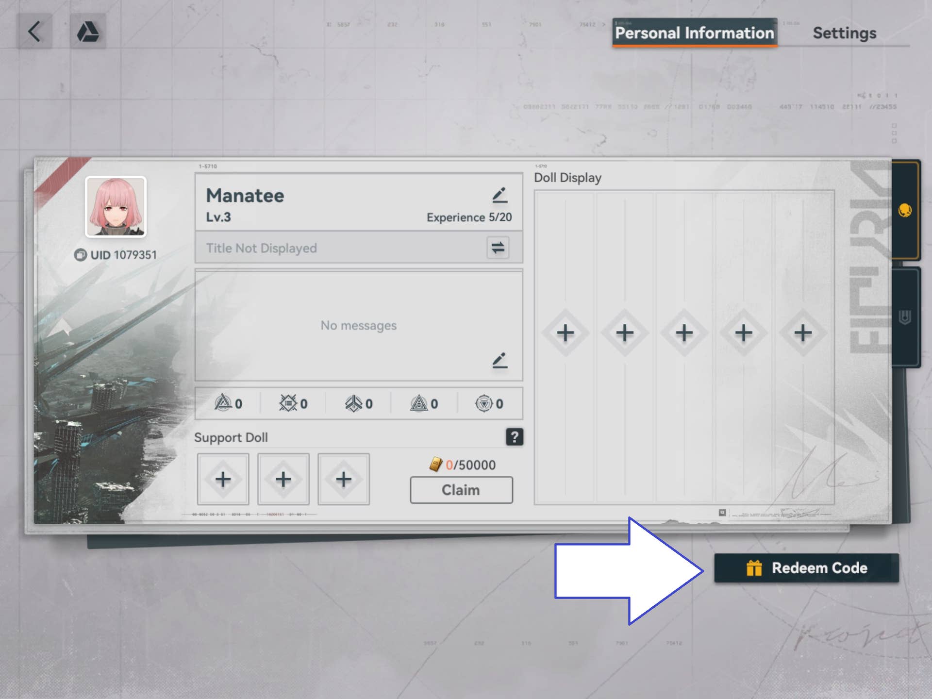 Скриншот Girls' Frontline 2 с кнопкой Активировать код.