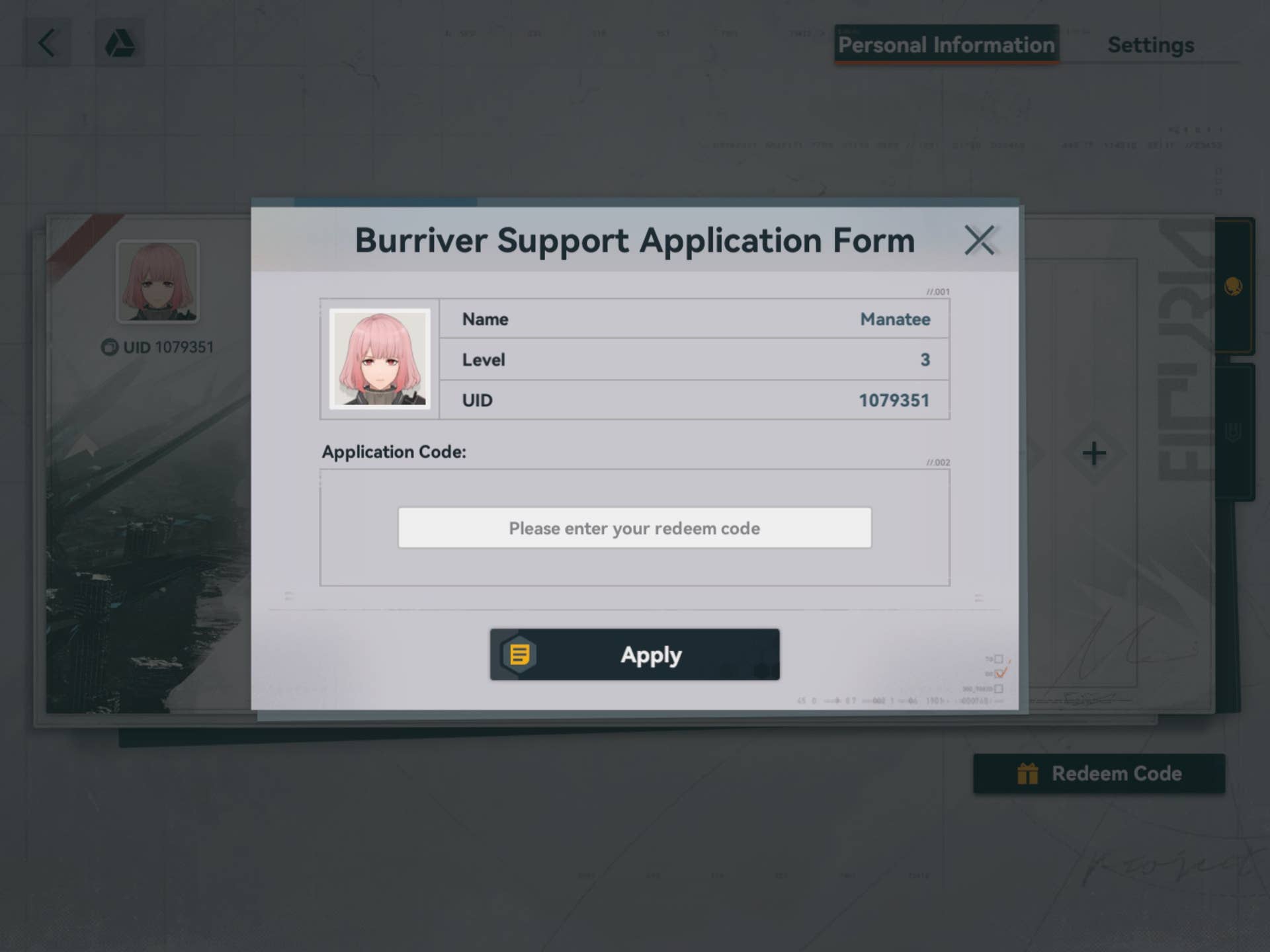 Скриншот Girls' Frontline 2 со страницей ввода кодов.