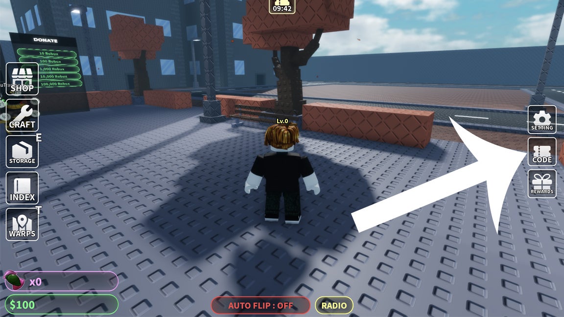 Стрелка указывающая на кнопку кодов в игре Heads Please в Roblox.