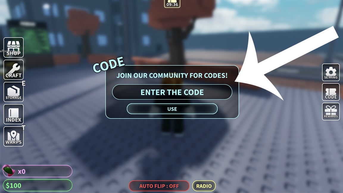 Стрелка указывающая на меню кодов в игре Heads Please в Roblox.