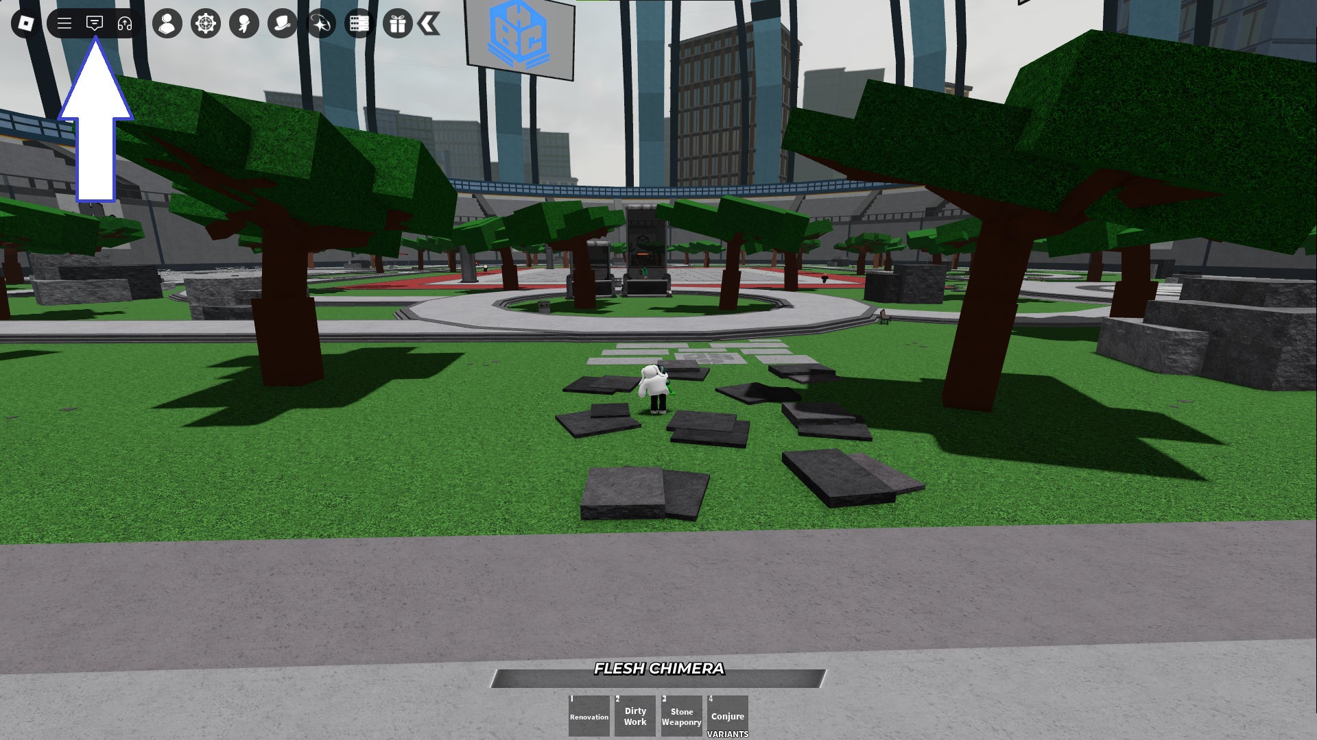 Скриншот, показывающий кнопку чата в Heroes Battlegrounds в Roblox.