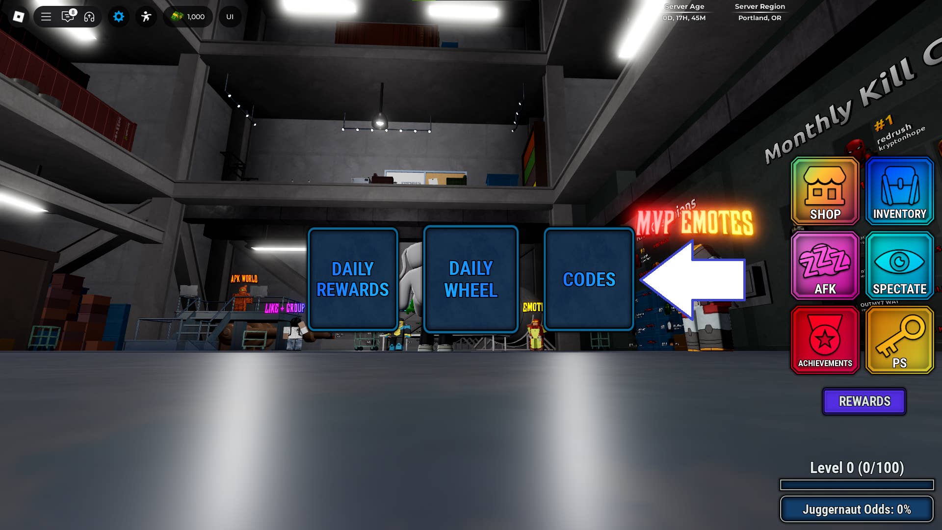 Скриншот Invincible Showdown в Roblox, показывающий кнопку ввода кодов игры.