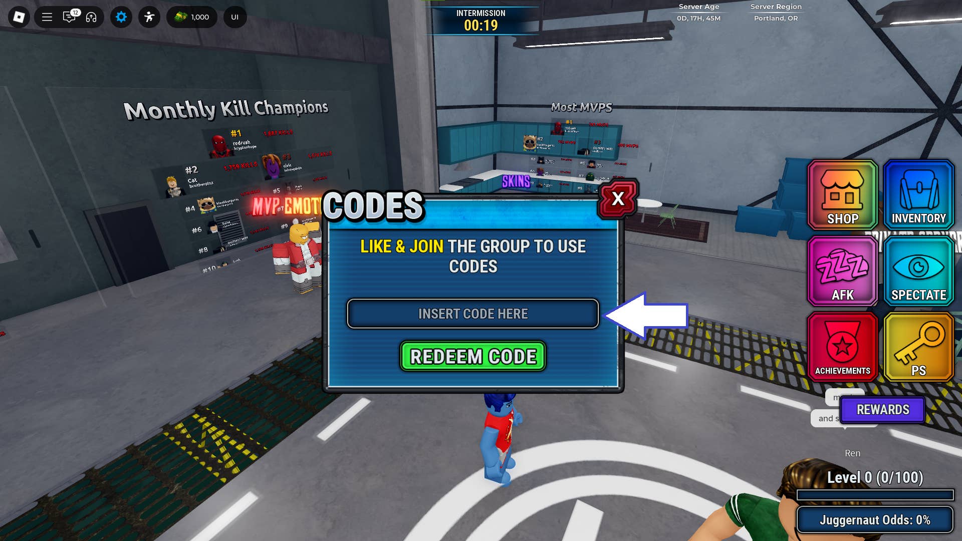 Скриншот Invincible Showdown в Roblox, показывающий поле для ввода кодов.