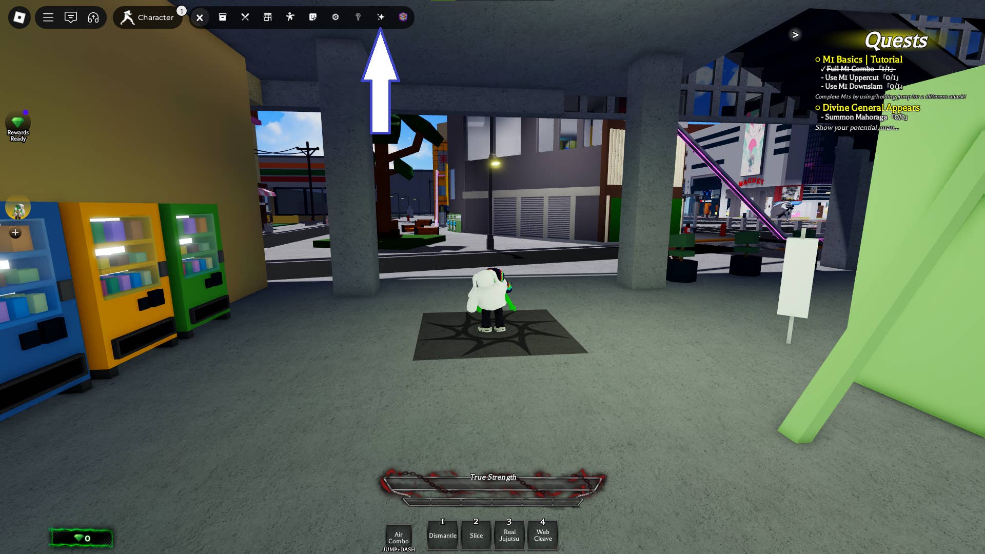 Скриншот Jujutsu Beatdown в Roblox, показывающий кнопку кодов игры.