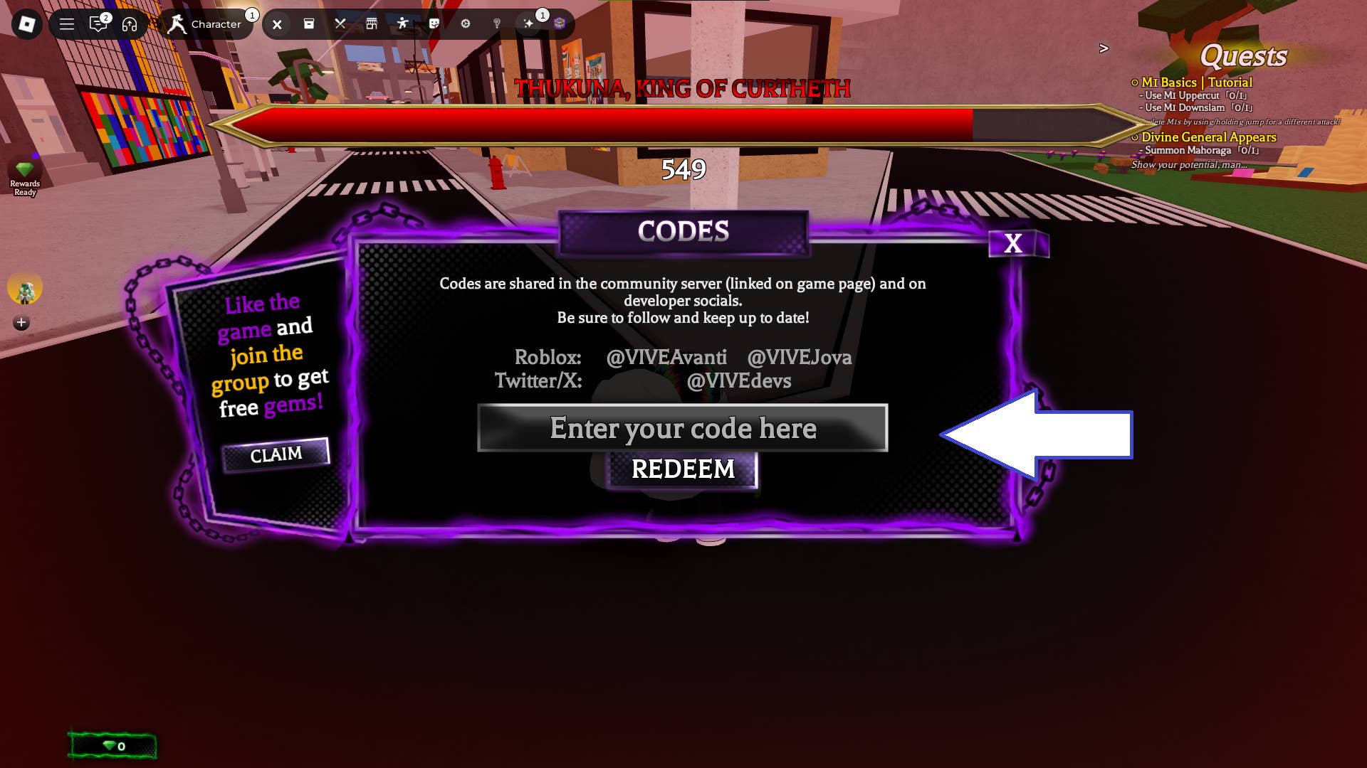 Скриншот Jujutsu Beatdown в Roblox, показывающий поле ввода кодов игры.