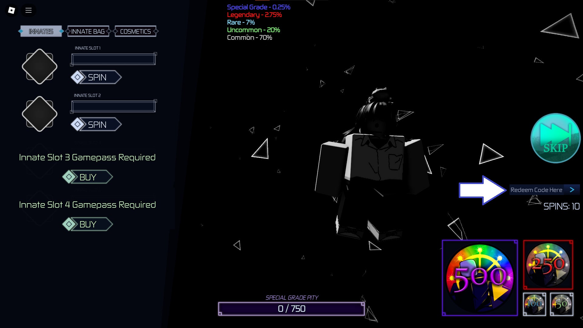 Скриншот Jujutsu Infinite в Roblox, показывающий поле ввода кодов.