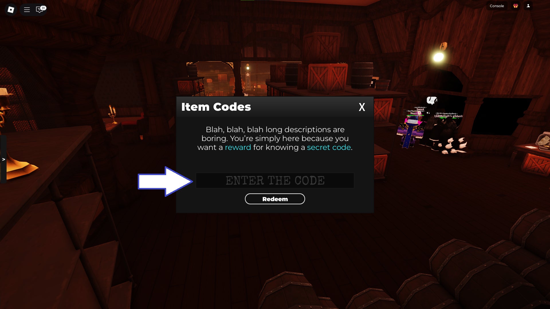 Скриншот Kaiju Paradise в Roblox, показывающий поле для ввода кода.