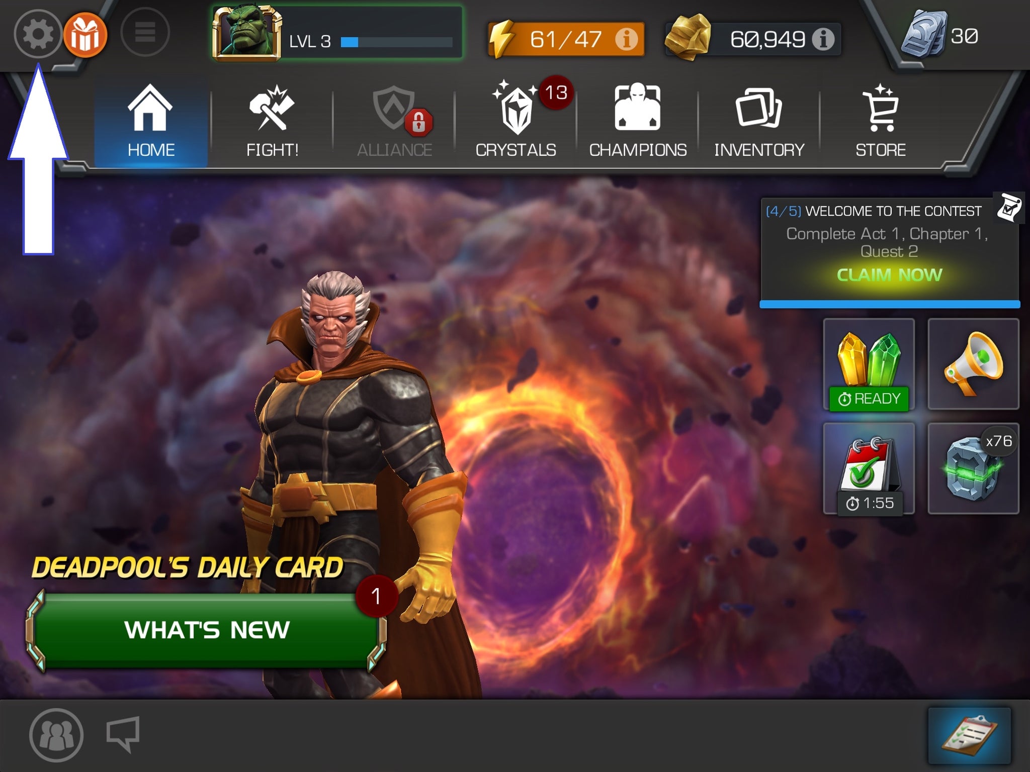 Скриншот Marvel Contest of Champions с кнопкой настроек игры.