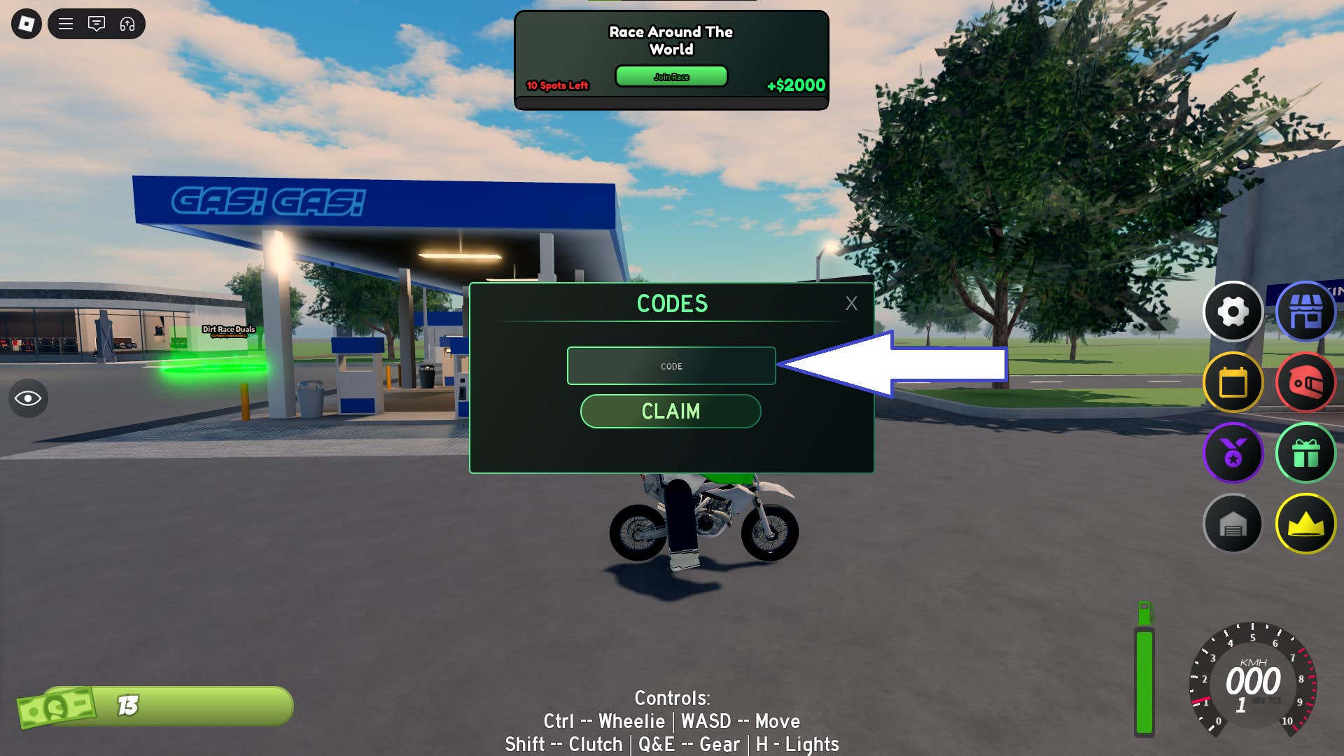 Скриншот Motorush в Roblox, показывающий поле ввода кодов в игре.