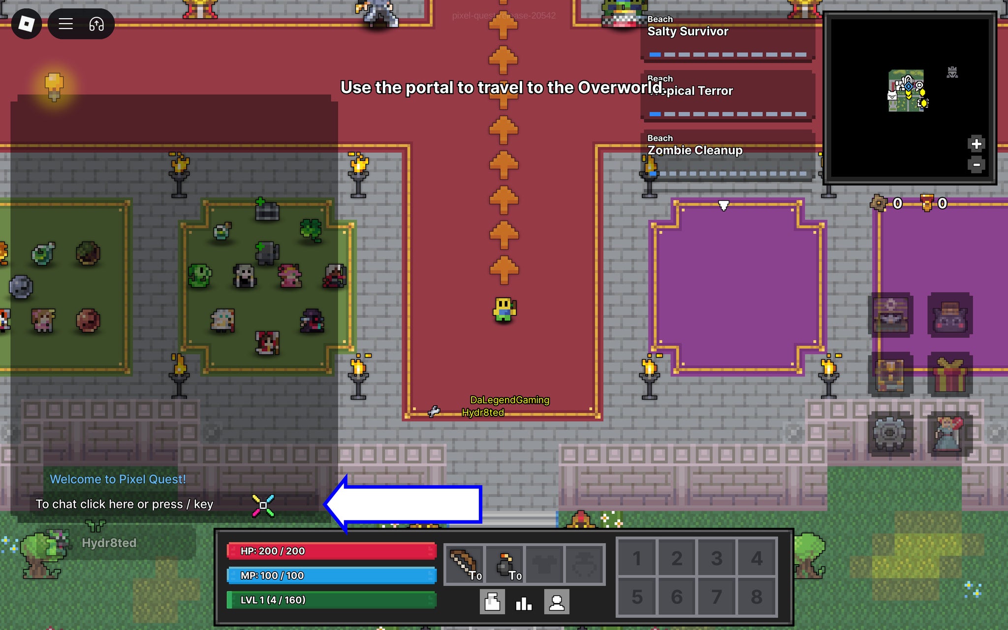 Скриншот Pixel Quest в Roblox, показывающий окно чата в игре.