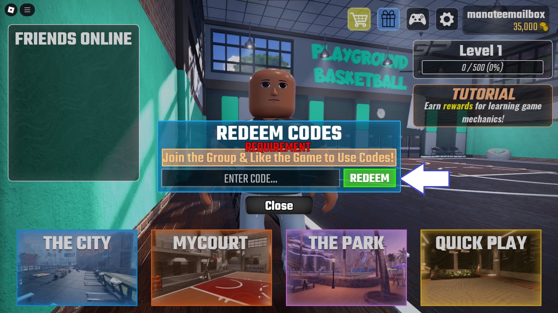 Скриншот Playground Basketball в Roblox, показывающий поле для ввода кодов.