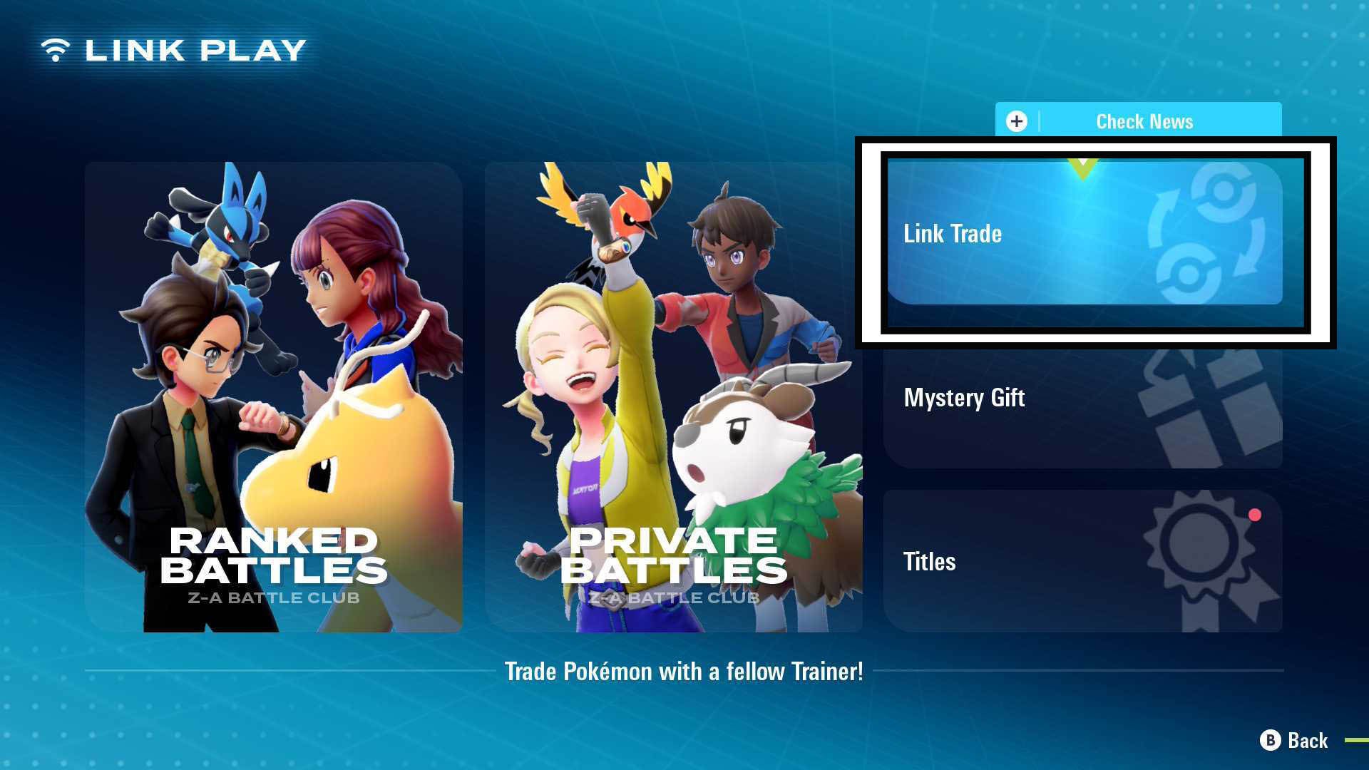 pokemon legends z-a: опция Link Trades в меню Link Play