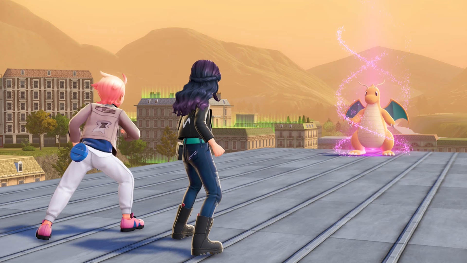 Urbain и игрок против Rogue Mega Dragonite на крыше в pokemon legends z-a
