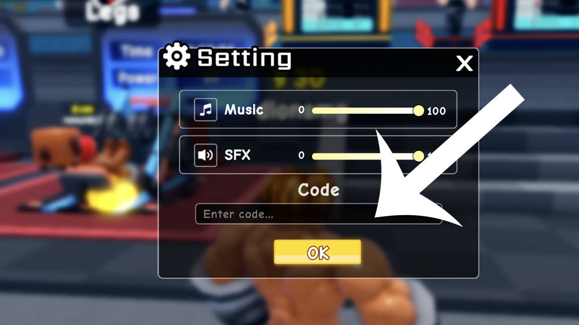 Стрелка, указывающая на меню кодов в игре Roblox Punch Wall.