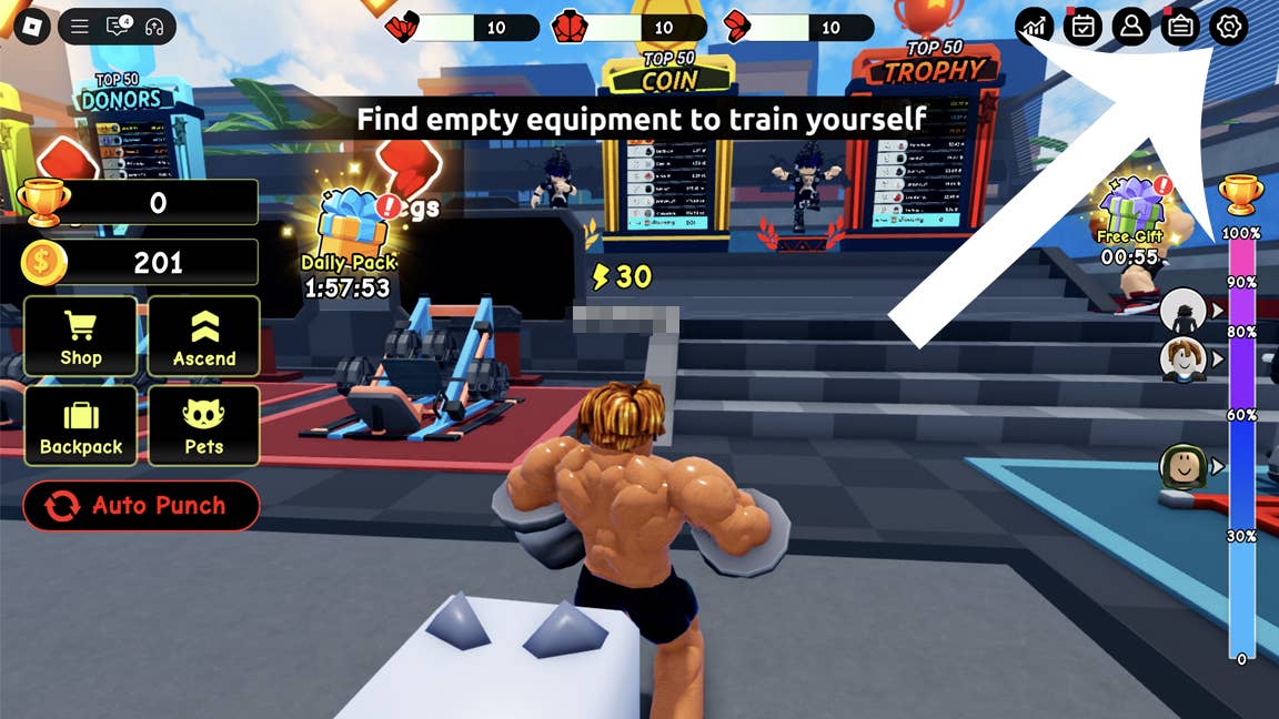 Стрелка, указывающая на кнопку настроек в игре Roblox Punch Wall.