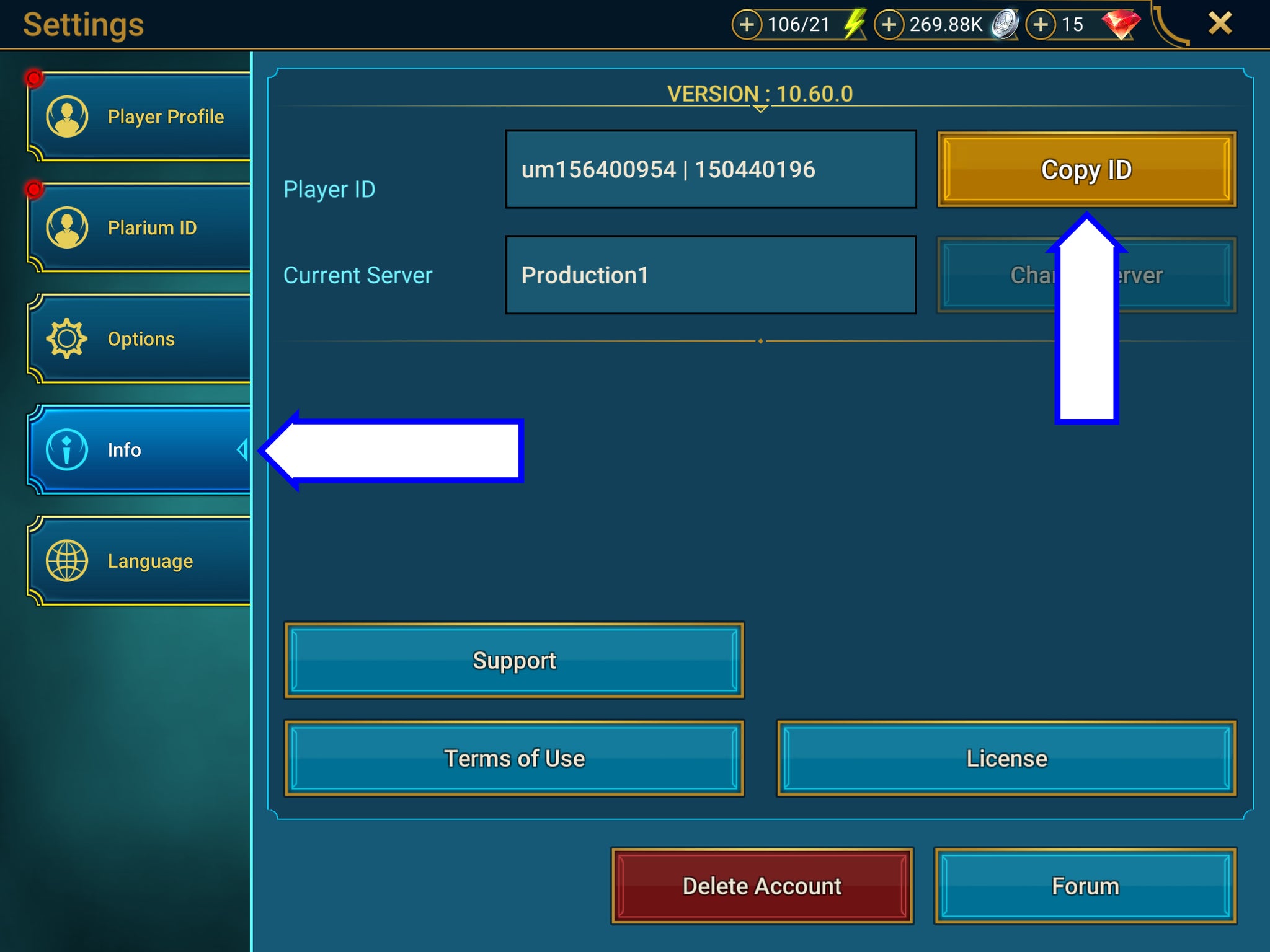 Скриншот Raid Shadow Legends с кнопками информации и копирования ID.