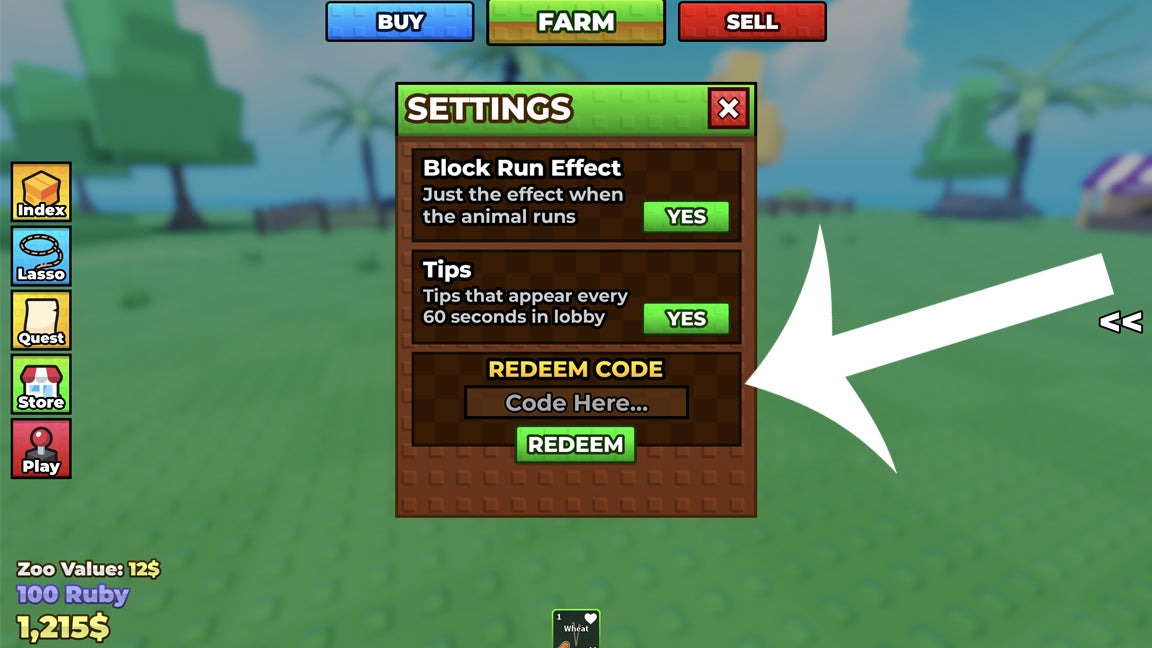 Стрелка, указывающая на меню кодов в Roblox‑игре Raise Animals.