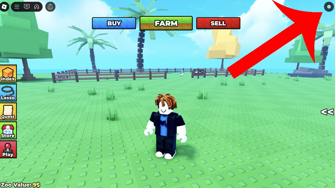 Стрелка, указывающая на кнопку настроек в Roblox‑игре Raise Animals.