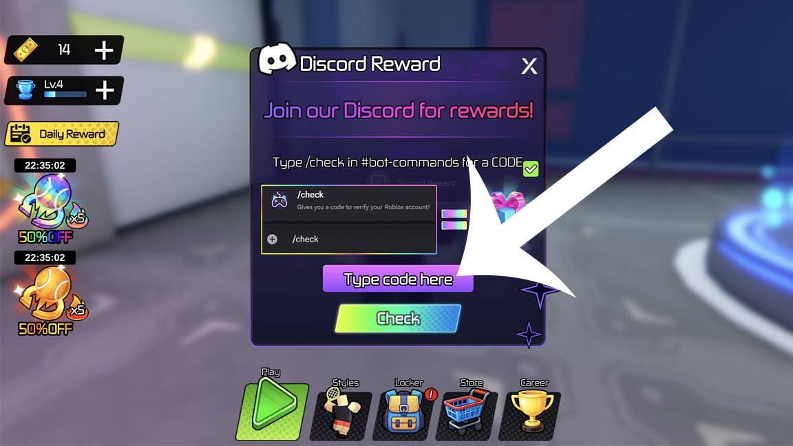 Стрелка указывает на меню, используемое для ввода кодов Tennis! в Roblox.