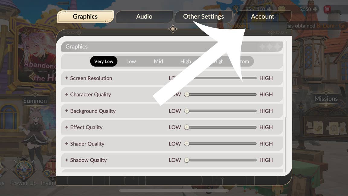 Стрелка, указывающая на кнопку аккаунта в мобильной игре Seven Knights Re:Birth.