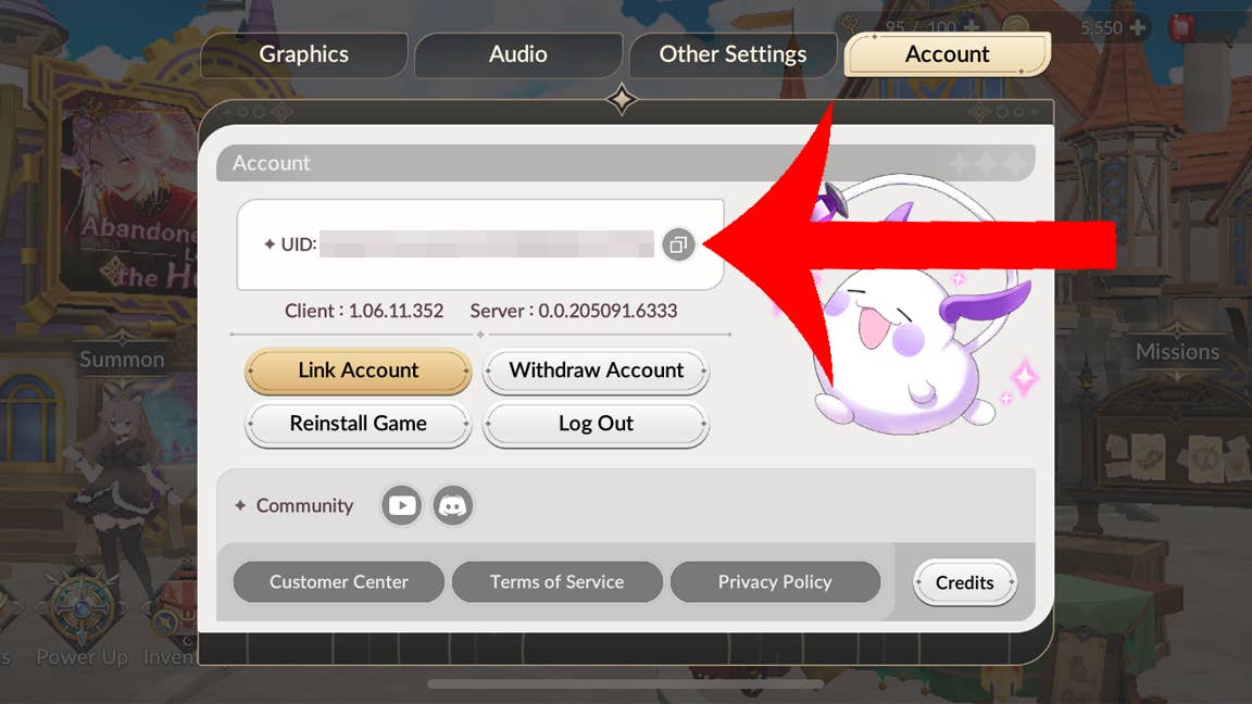 Стрелка, указывающая на кнопку для копирования UID игрока в Seven Knights Re:Birth.