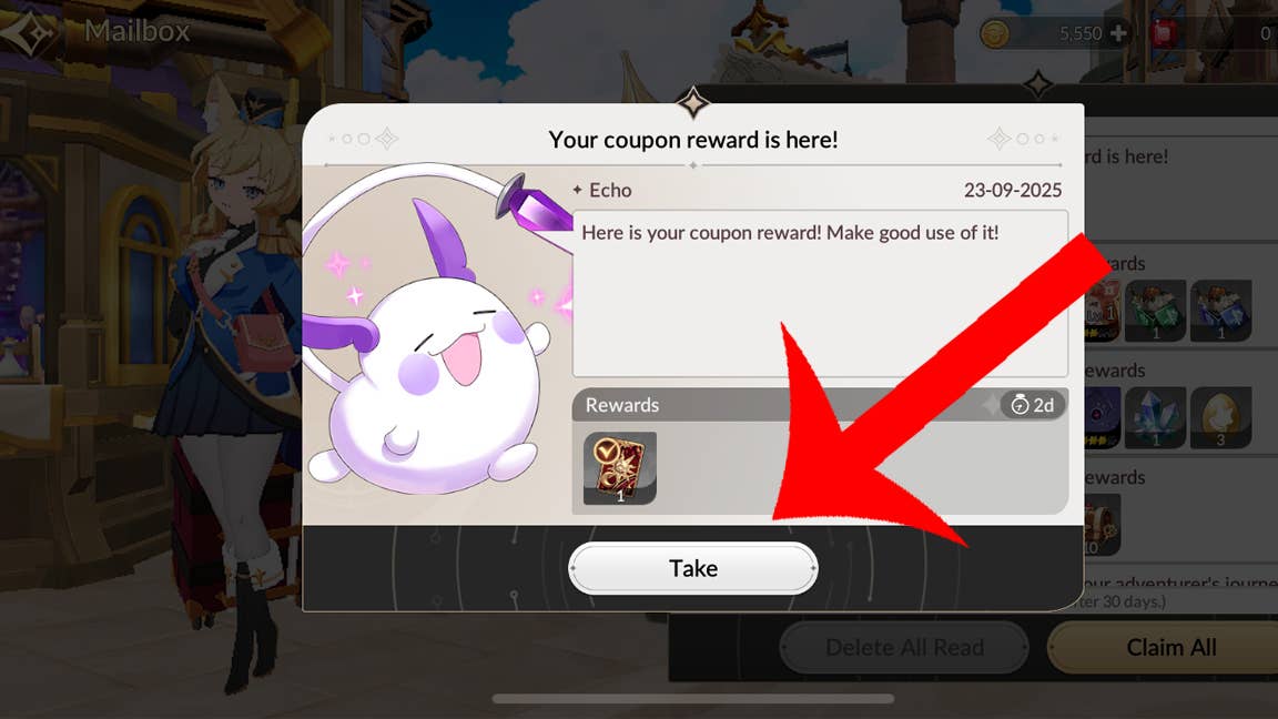 Стрелка, указывающая на кнопку «Забрать», которая появляется в сообщении в почте игрока в Seven Knights Re:Birth.
