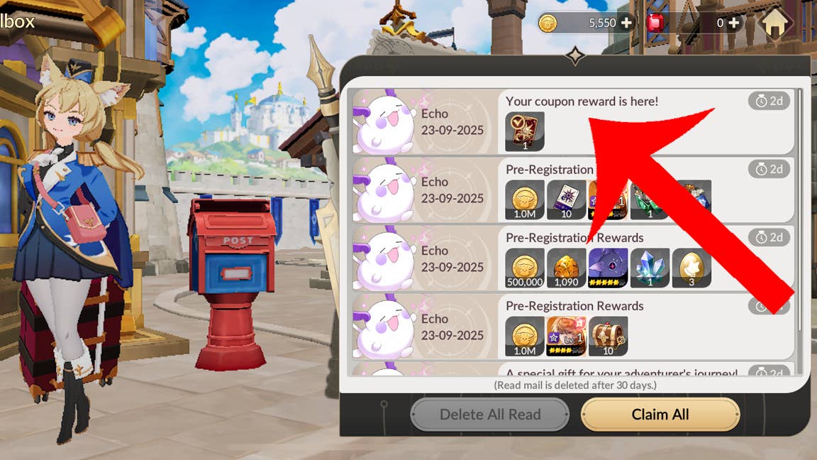 Стрелка, указывающая на сообщение в почте Seven Knights Re:Birth. Сообщение было отправлено игроку после активации кода.