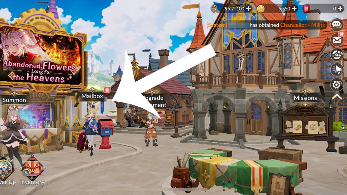 Стрелка, указывающая на кнопку почты в мобильной игре Seven Knights Re:Birth.