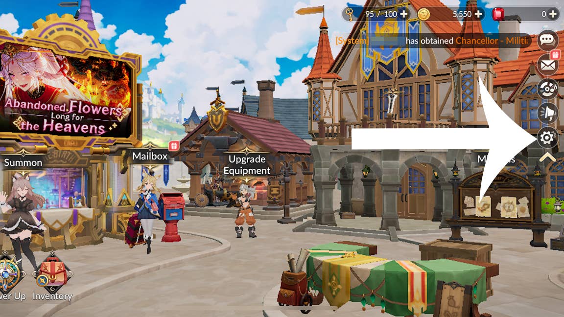 Стрелка, указывающая на кнопку настроек в мобильной игре Seven Knights Re:Birth.