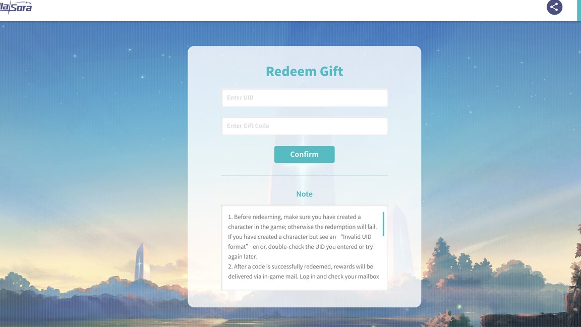 Официальный сайт активации подарков Stella Sora с полями для ввода UID и кода.