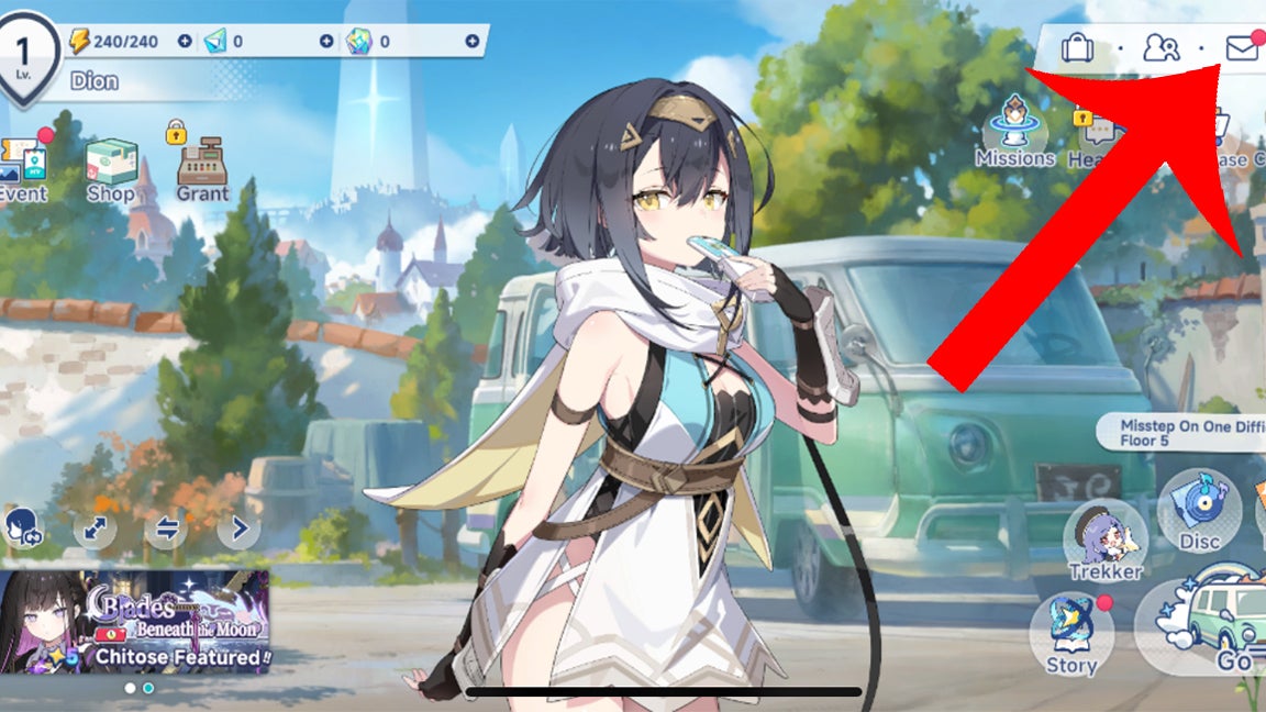 Стрелка, указывающая на кнопку почты в Stella Sora.