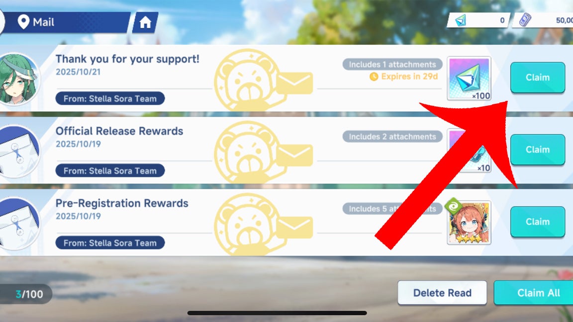 Стрелка, указывающая на кнопку получения в сообщении почтового ящика Stella Sora.