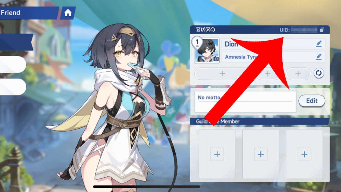 Стрелка, указывающая на меню в Stella Sora, где отображается UID игрока.