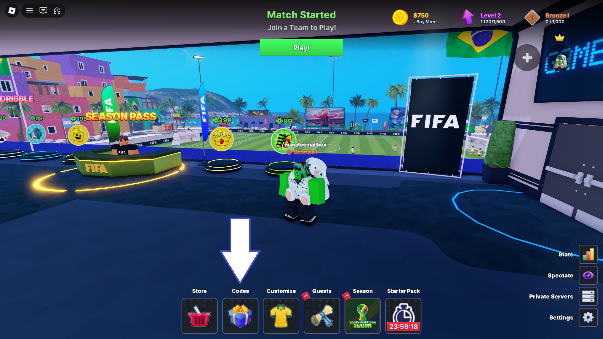 Скриншот Super League Soccer в Roblox, показывающий кнопку кодов в игре.