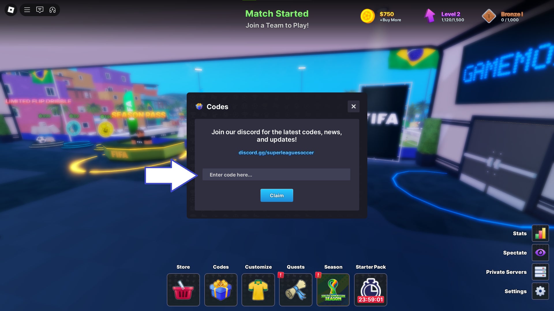 Скриншот Super League Soccer в Roblox, показывающий поле для ввода кодов.