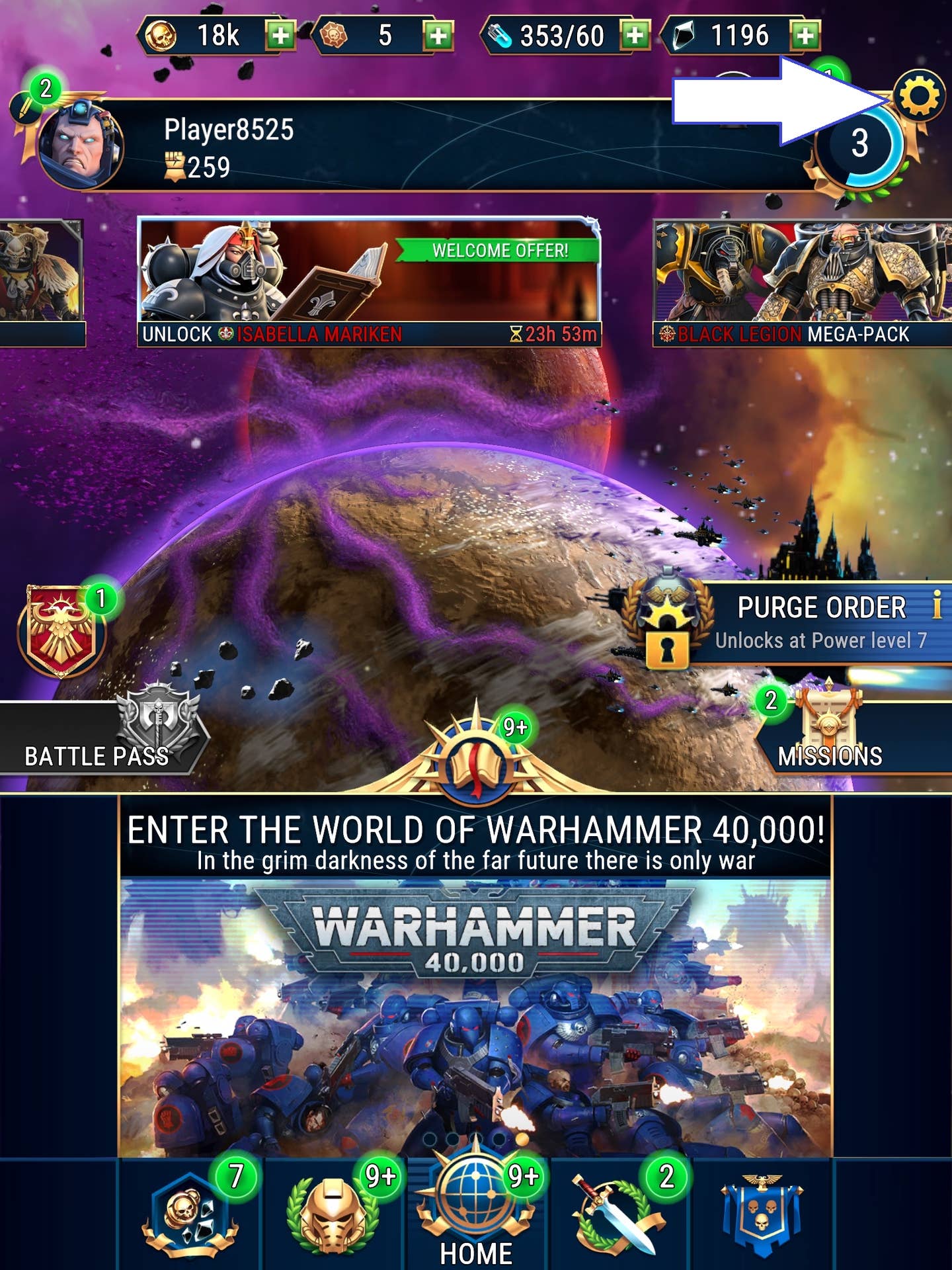 Скриншот Warhammer 40,000: Tacticus с показом кнопки настроек игры.