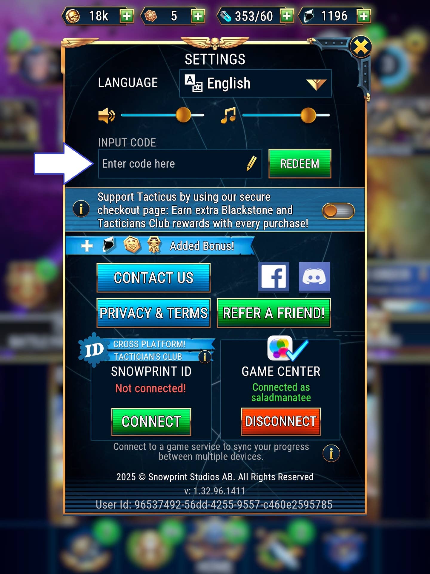 Скриншот Warhammer 40,000: Tacticus с показом поля для ввода кодов.
