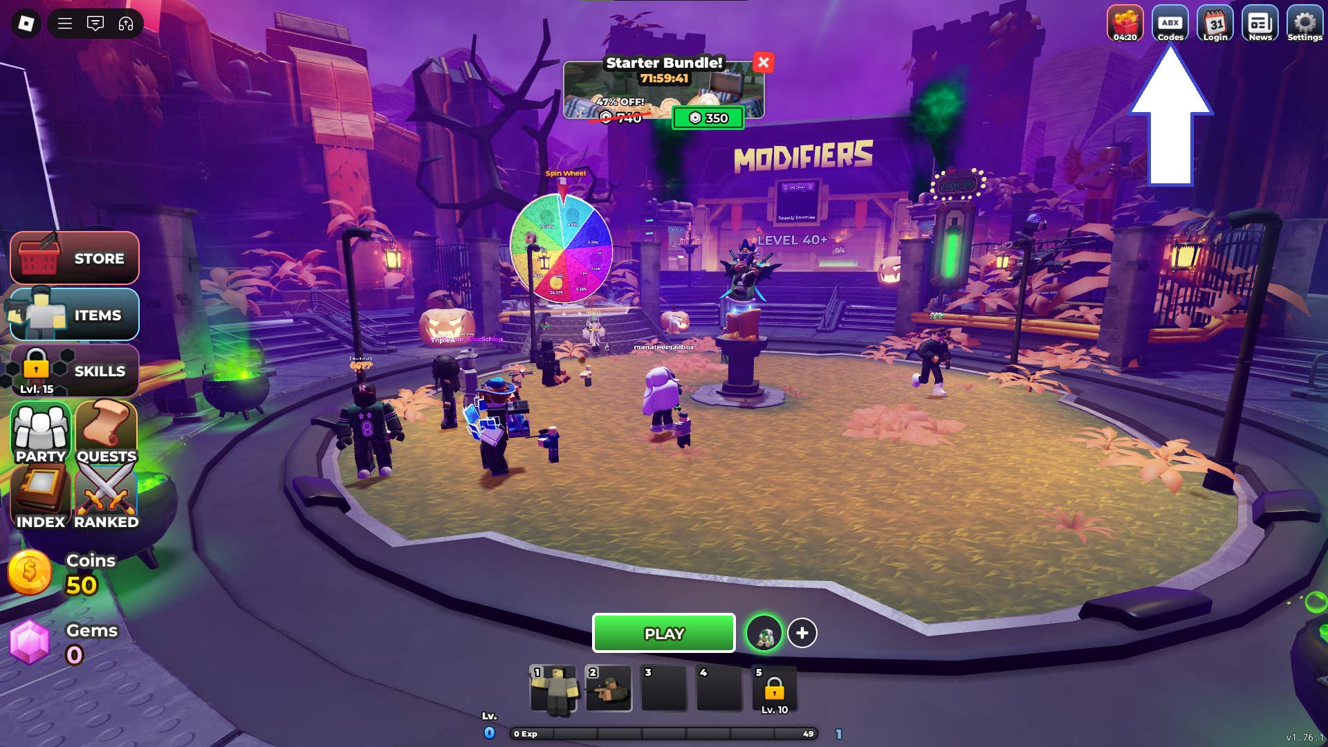 Скриншот Tower Defense Simulator в Roblox, показывающий кнопку 'Codes'.